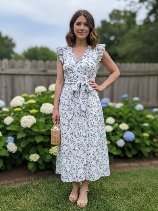 a new day Dresses & Skirts - a new day White Floral V-Neck Tie-Waist Maxi Dress with Subtle Blue Print